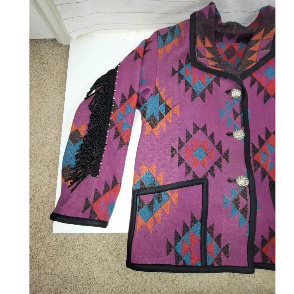 VINTAGE WOOL BLEND AZTEC PRINT BUTTON UP JACKET W FRINGE DETAIL, SZ LARGE